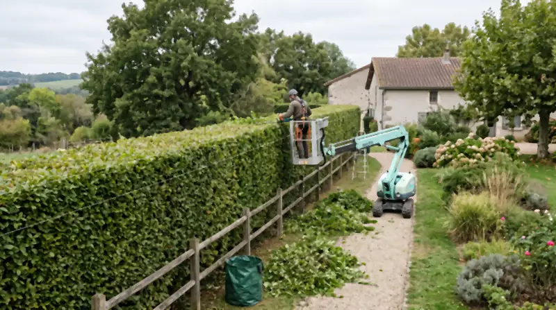 Taille d'une haute haie depuis une nacelle