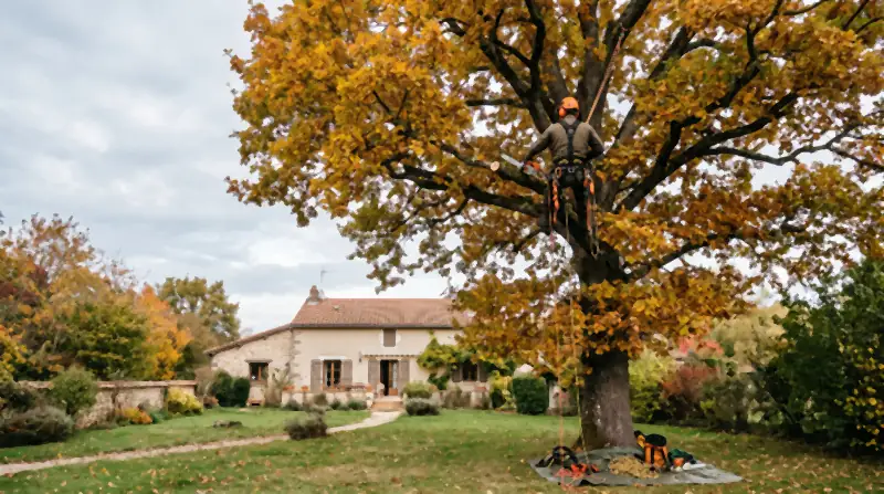 Élagueur encordé dans un chêne